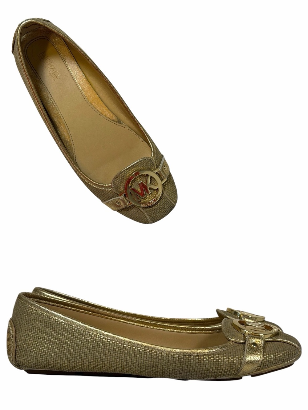 Michael Kors Fulton Gold Woven Leather Trim Ballet Flats Moccasins Womens 7 (M)